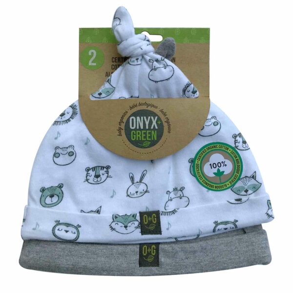 Certified Organic Knotted Hat in package (Animals and Grey)